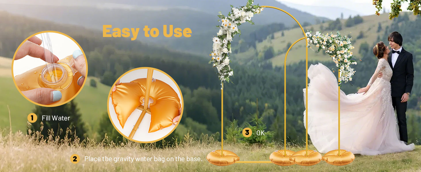 The water fillable bases elevate wedding arches, birthday backdrops, and festival decor.