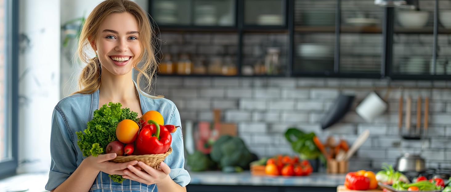 A house wife smiling in her kitchen refreshed with natural deodorizers