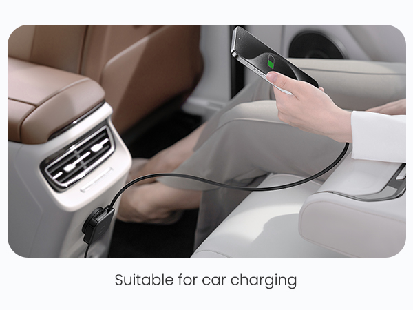 Car interior showing rear seat with charging cable connected to smartphone. Text below states 'Suitable for car charging'.