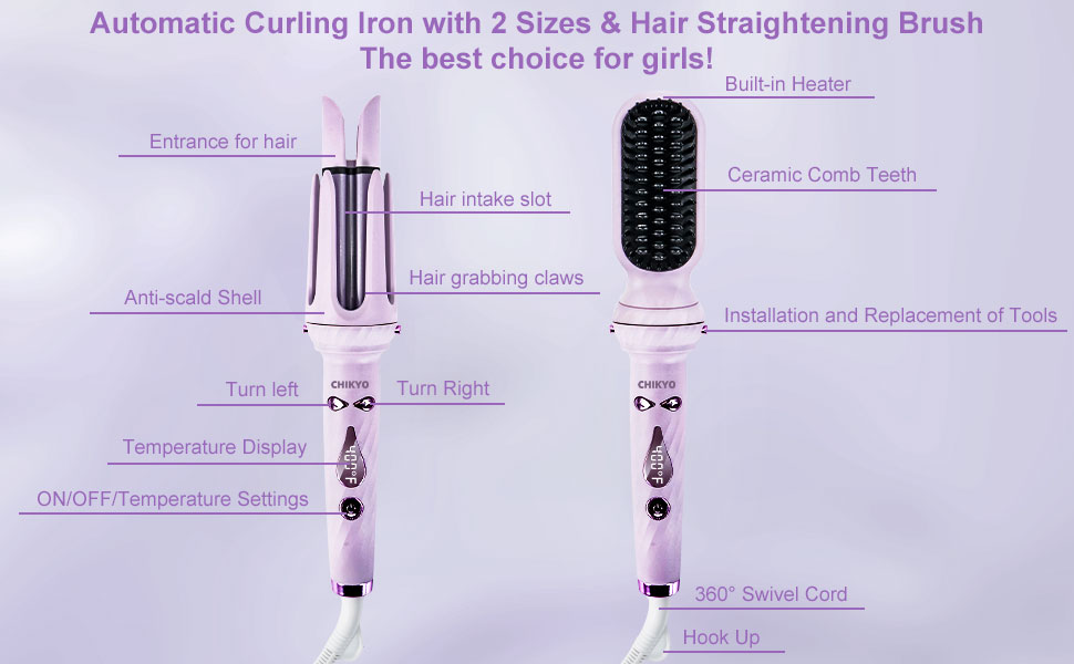 automatic culing iron with 2 sizes and hair straightening brush the best choice for girls
