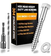 Xpokcai 15 Sets 1/4" x 3" Hex Head Lag Screws for Wood, Hex Head Lag Bolts,304 Stainless Steel 18...