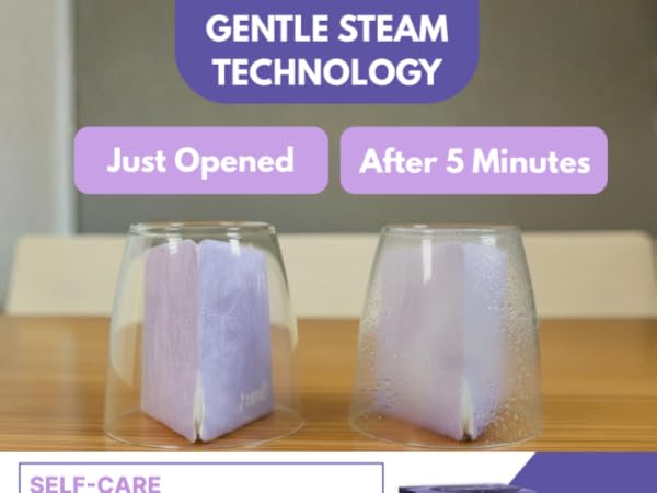 Steam technology demonstration showing glass fogging up over a warm self-heating eye mask.