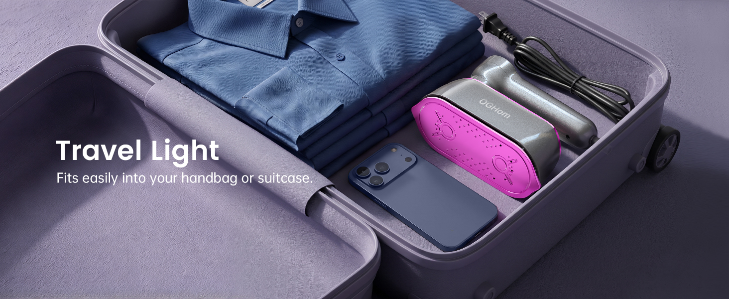 Travel Light: Portable Handheld Travel Steamer Fits Easily in Your Suitcase or Bag.