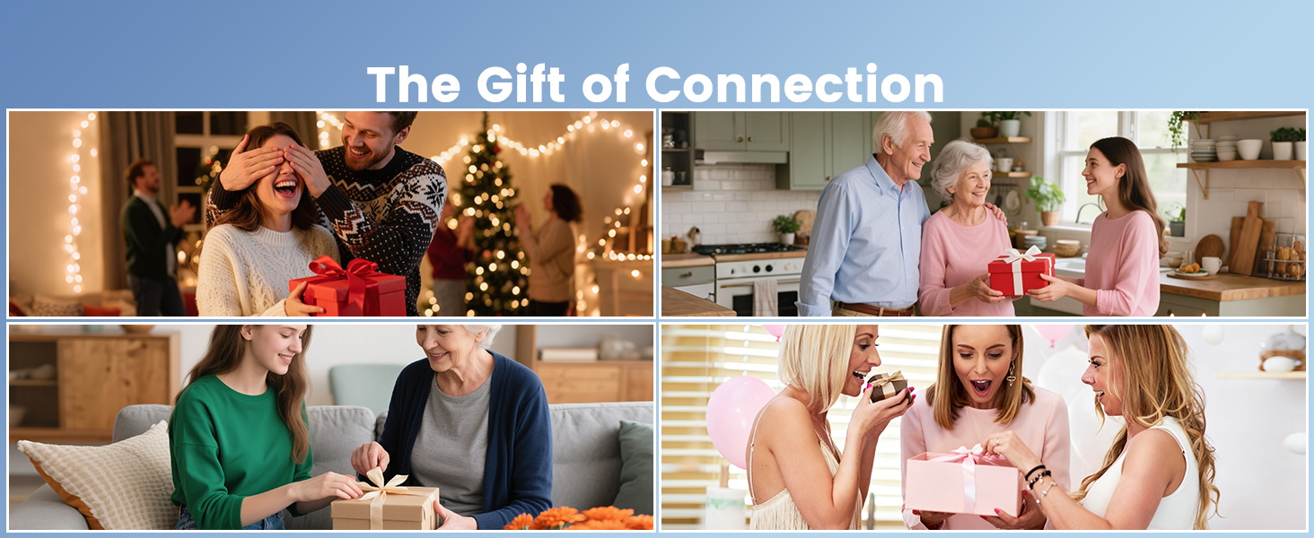 Text reads 'The Gift of Connection'. Multiple images showing groups of people gathering and sharing moments together in home settings.