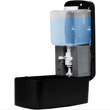 EnBath automatic soap dispenser with large refillable tank shown open for easy refilling