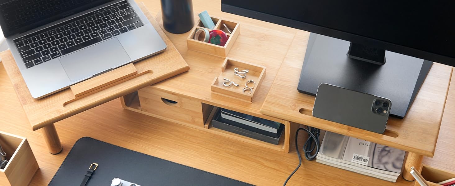 ROCDEER Adjustable Monitor Stand Riser in Bamboo