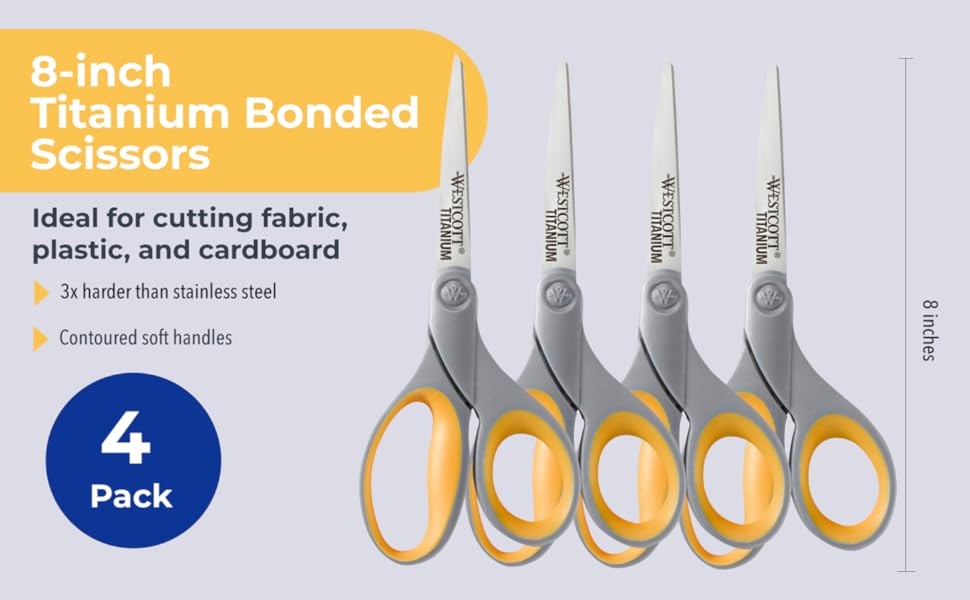 Image of 4 pairs of home and office scissors with text reading 8 inch titanium bonded scissors. 