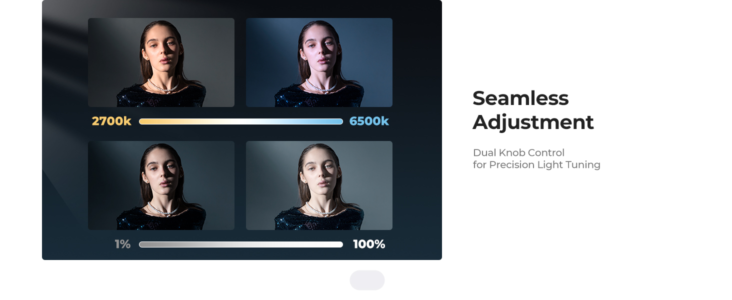 Text reads 'Seamless Adjustment'. Series of product interface or adjustment screens showing percentage indicators and control settings.