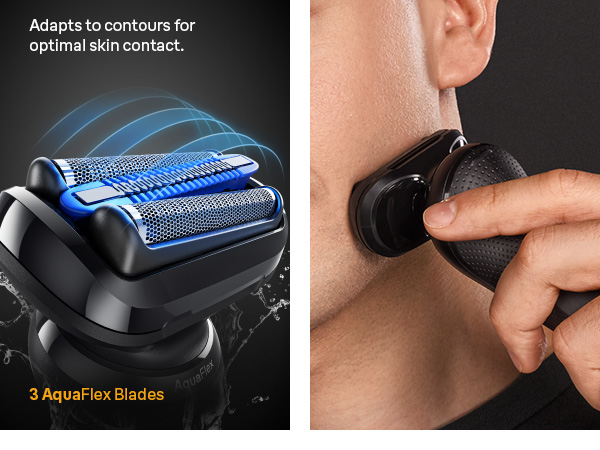 Braun shaver blades cutting long hairs. SmoothShave Blade benefits are shown.