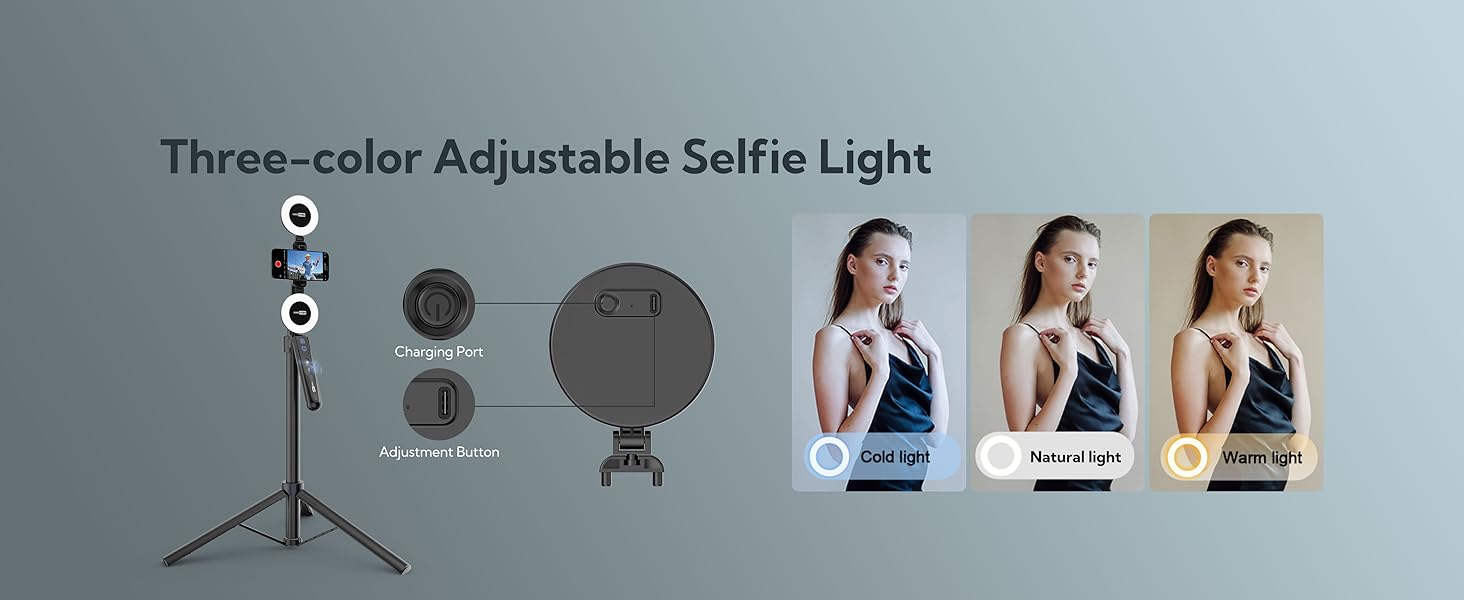 Three-color adjustable selfie light setup with tripod stand, showing different lighting temperature options and control interface.
