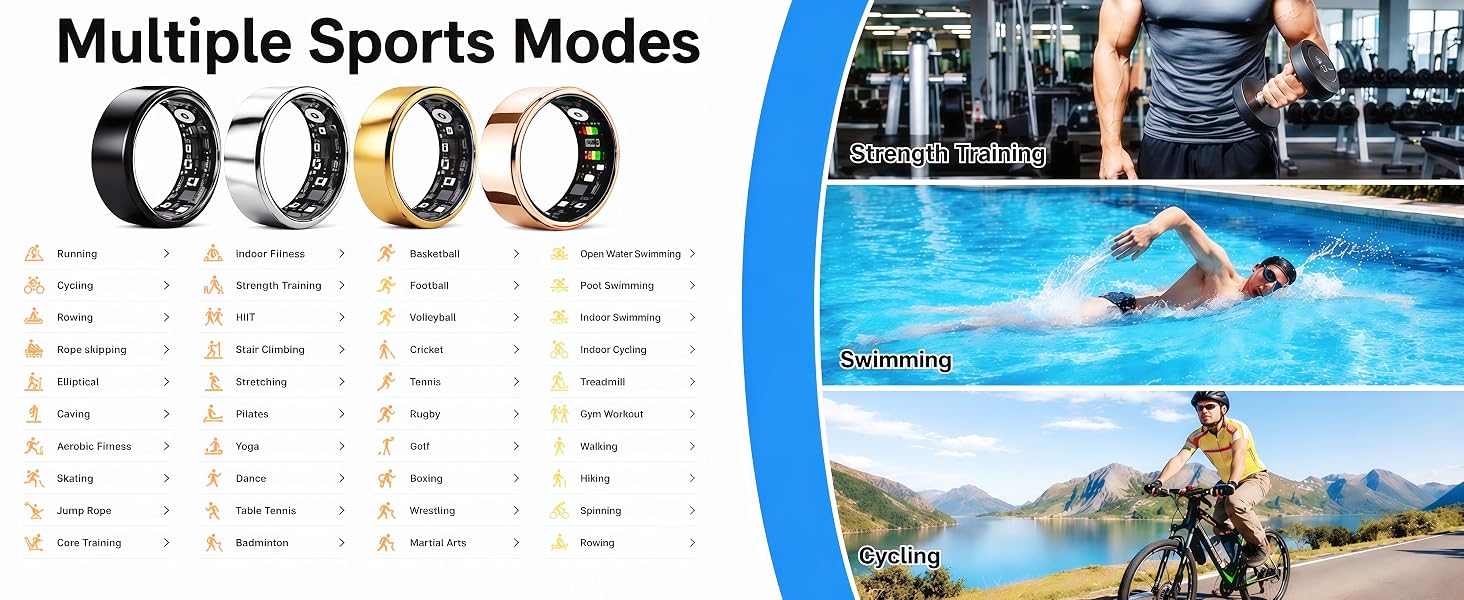 Fitness tracker smart ring with 139+ sports modes for running, cycling, swimming, yoga