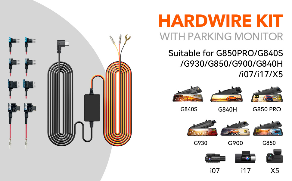 Hardwire kit with parking monitor for dash cams. Includes various cables, connectors, and compatibility list for multiple dash cam models.