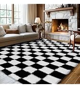 Ecoshag Soft Rugs for Living Room, 5x7 Ft Black and White Checkered Fluffy Shaggy Rugs for Indoor...
