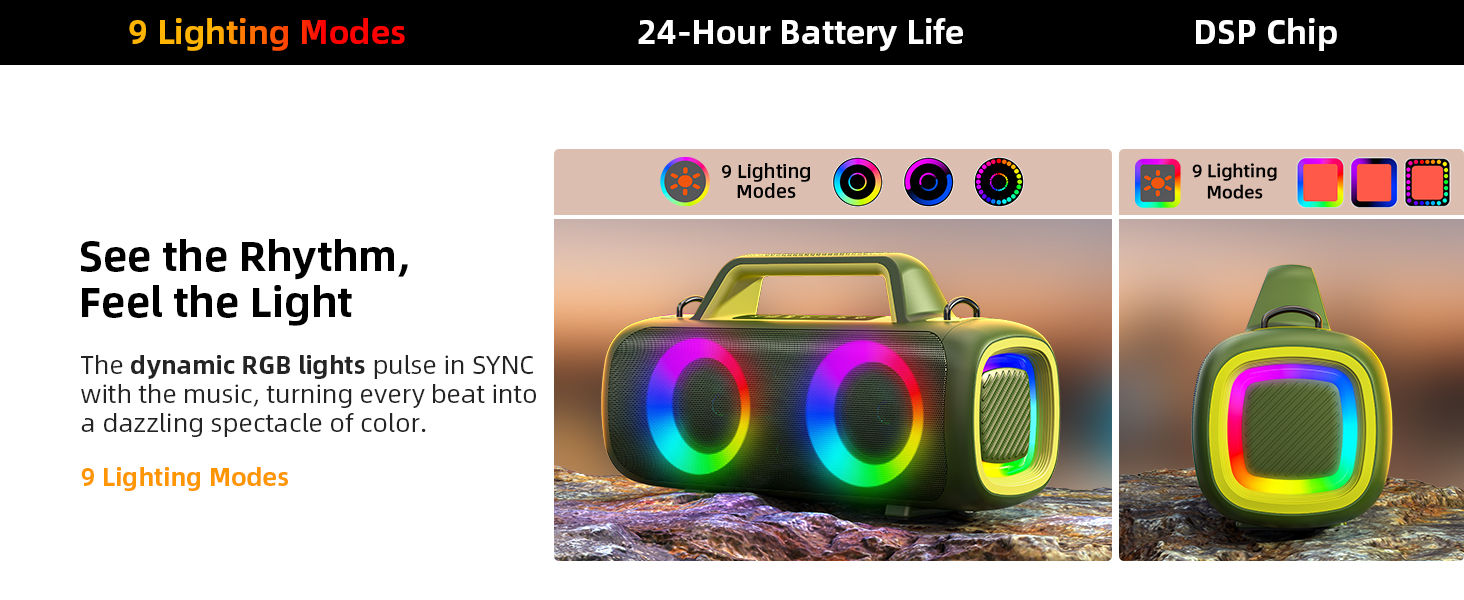 The audio system features a variety of lighting effects