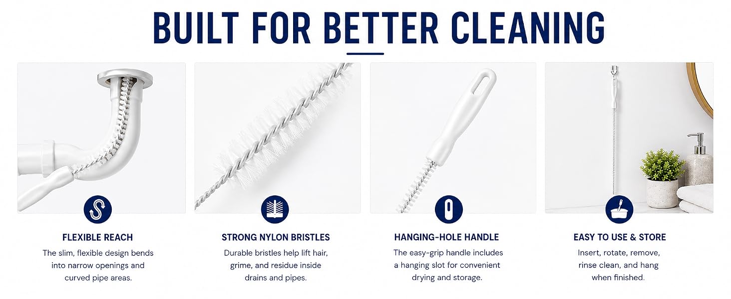 drain cleaning brush with nylon bristles for reaching inside narrow drains and curved pipe areas