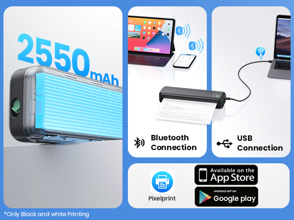 Text reads '2550mAh'. Product images showing a wireless earbud set with charging case, Bluetooth connection icon, USB connection symbol, and App Store download indicators.