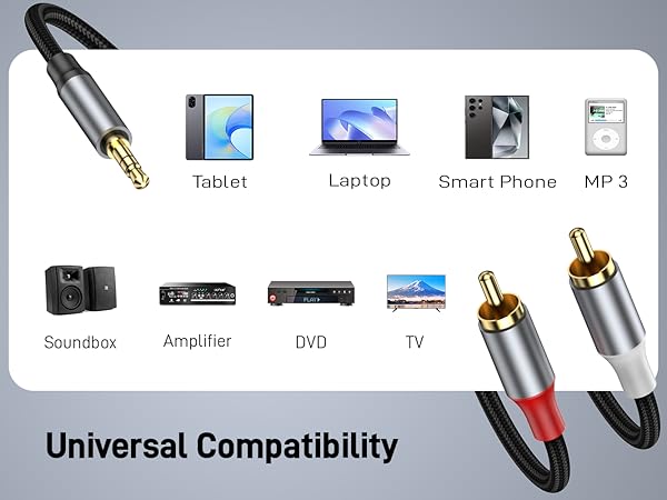 Text reads 'Universal Compatibility'. Diagram showing audio cable connections between various devices including tablet, laptop, soundbox, amplifier, DVD, TV with RCA connectors.
