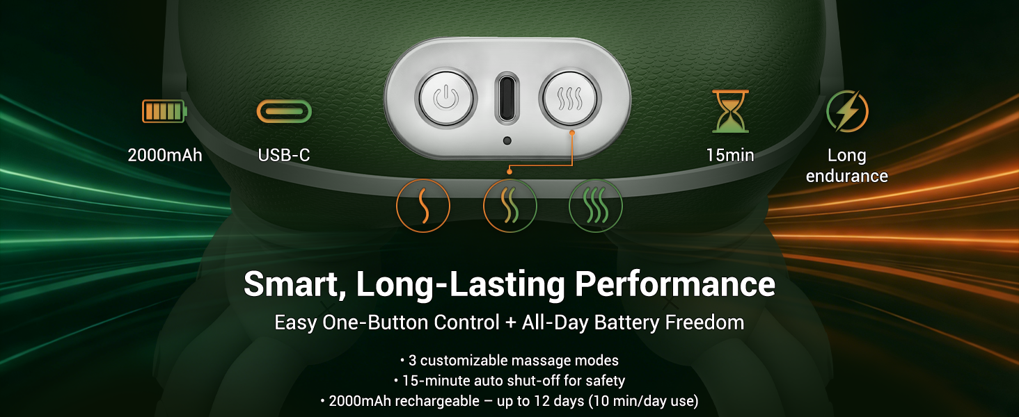 Rechargeable neck massager with 2000mAh battery USB-C charging 3 massage modes