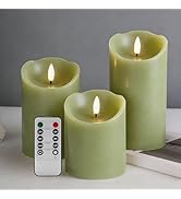 Eywamage Sage Green Flameless Pillar Candles with Remote, Realistic Flickering LED Wax Candles Ba...