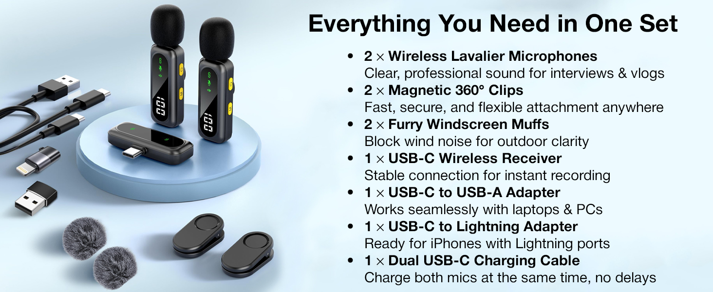 USB-C Wireless Lavalier Mic for Android, iPhone 15, Tablet, PC – Clip-On Mini Mic