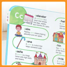 Close up of one of the interactive, double-sided pages displaying words and their definitions.