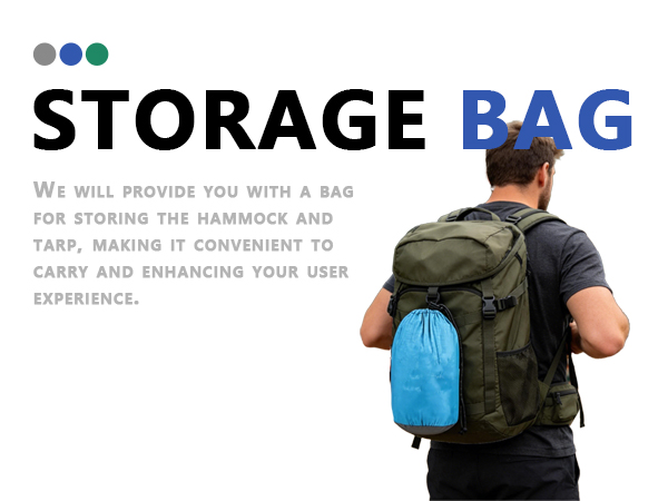 Text reads 'STORAGE BAG' followed by 'WE WILL PROVIDE YOU WITH A BAG FOR STORING THE MEMORIES AND MORE ENJOYING IT CONVENIENT TO CARRY AND ENHANCING YOUR USER EXPERIENCE.' Marketing photo shows olive green backpack with blue accent pocket.