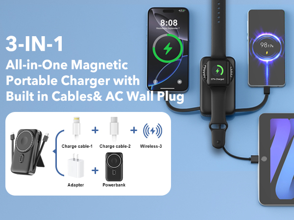 All-in-One Magnetic Portable Charger with Built in Cables&amp;amp; AC Wall Plug