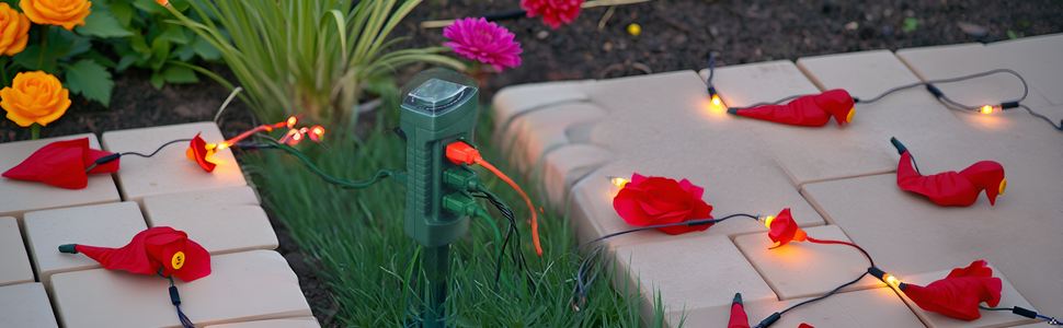 A lush green lawn with the product staked into the ground, surrounded by colorful outdoor string lig