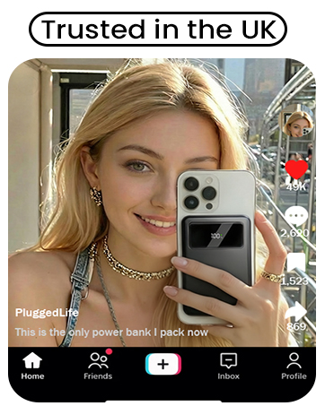 Text reads 'Trusted in the UK'. Social media app interface showing navigation icons for Home, Discover, Create, Inbox, and Profile at bottom.