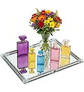 YCWF Large Mirror Perfume Tray for Dresser,Crushed Diamond Filled Glass Vanity Tray,Black Decorat...