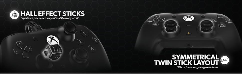 full view of Hyperkin Xbox controller highlighting Hall Effect sticks and symmetrical twin stick