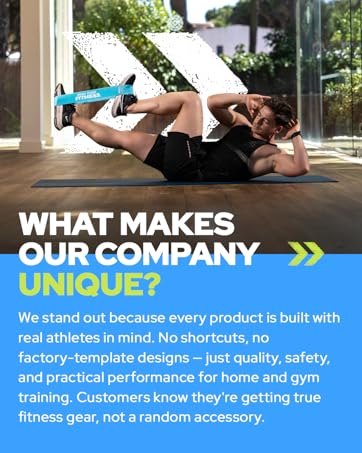 Text reads 'WHAT MAKES OUR COMPANY UNIQUE?' Marketing layout showing exercise demonstrations with text about fitness equipment and training philosophy.