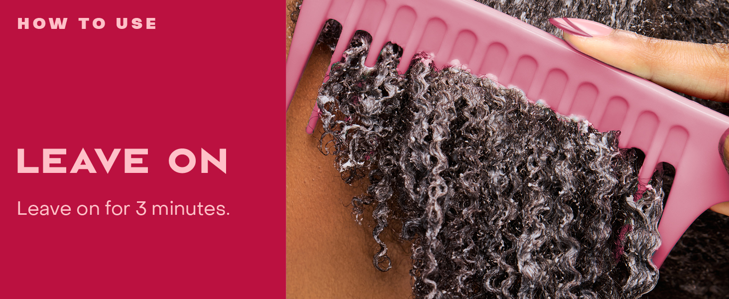 Image of a woman combing her wet curly hair, next to instructions to leave-on the conditioner.