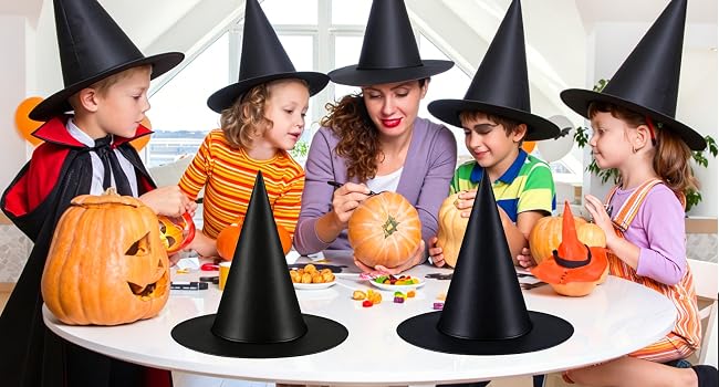 10 pack black halloween witch hats hanging on outdoor porch ceiling for spooky decor