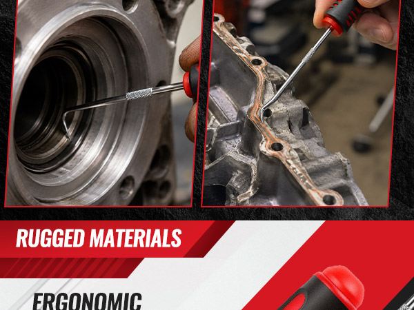 Pick and hook set with red-and-black non-slip grips beneath automotive repair scenes.