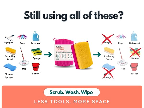 3-in-1 silicone scrubber sponge replacing multiple cleaning tools with one compact cleaner