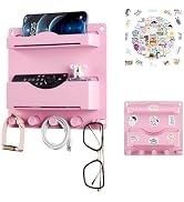 JUMEIHUI Pink Bedside Shelf Organizer - Wall Mount Phone Holder with Glasses Hook &amp; 50 Motivation...