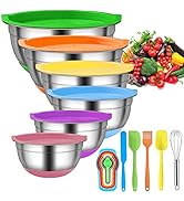 Menbyci 6 Pcs Mixing Bowls with Lids,Stainless Steel Mixing Bowls,Colorful Non-Slip Bottoms,Inclu...