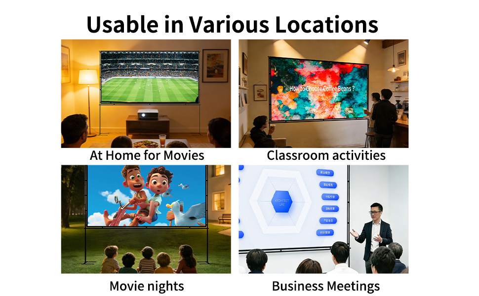 Text reads 'Usable in Various Locations', 'At Home for Movies', 'Classroom activities', 'Movie nights', 'Business Meetings'. Images show different usage scenarios.