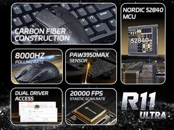 ATTACK SHARK R11 Ultra 8K Carbon Fiber Wireless Gaming Mouse with 42000 DPI-PAW3950 MAX Sensor