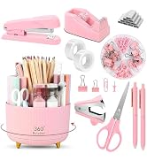 SKYDUE Pink Desk Accessories 10Pcs, Rotating Pen Holder for Desk, Stapler, Staple Remover, Tape D...