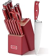 Diamosteel Red Knife Set, 15-Piece Knife Block Set with Built-in Sharpener Scissors for Kitchen, ...