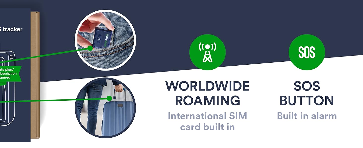 small discreet size GPS tracker fits in pocket luggage travel case worldwide roaming sos button