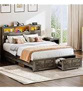 Yoobure Queen Bed Frame with Headboard, Bed Frame Queen Size with Charging Station, LED Beds with...