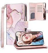 Fingic Compatible with iPhone 13 Case, iPhone 13 Case Wallet Rose Gold Marble 9 Card Holder PU Le...