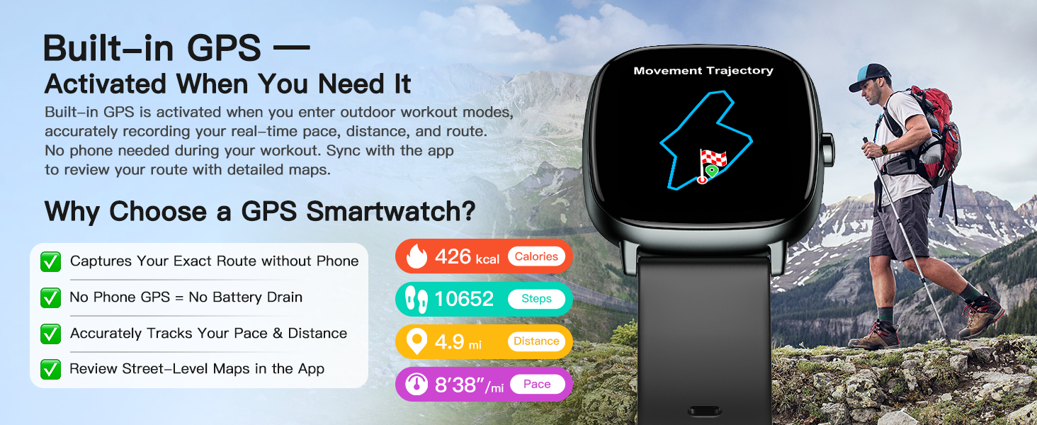 GPS smartwatch for outdoor runs &amp;amp; hikes. Tracks pace, distance, route without phone.