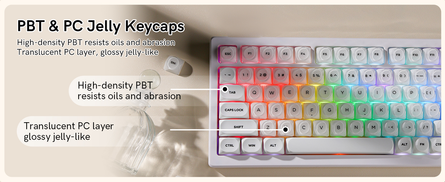 Premium PBT + PC 129-key keycaps, soft translucent finish