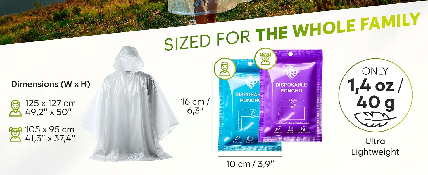 Infographic displaying size and weight details of a lightweight, family-sized rain poncho. Features a large poncho silhouette, product packaging images, and dimension specifications.