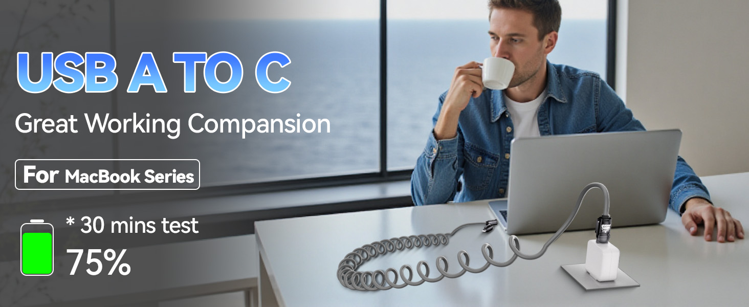 Text reads: 'USB A TO C', 'For MacBook Series', 'Great Working Companion', '30 mins test', '75%'. Shows coiled USB cable with person working at laptop in background.