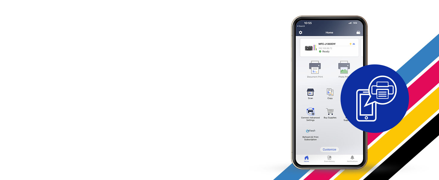 Brother Mobile Connect with MFCJ1360DW wireless, ink levels, print/scan, buy ink, support, settings